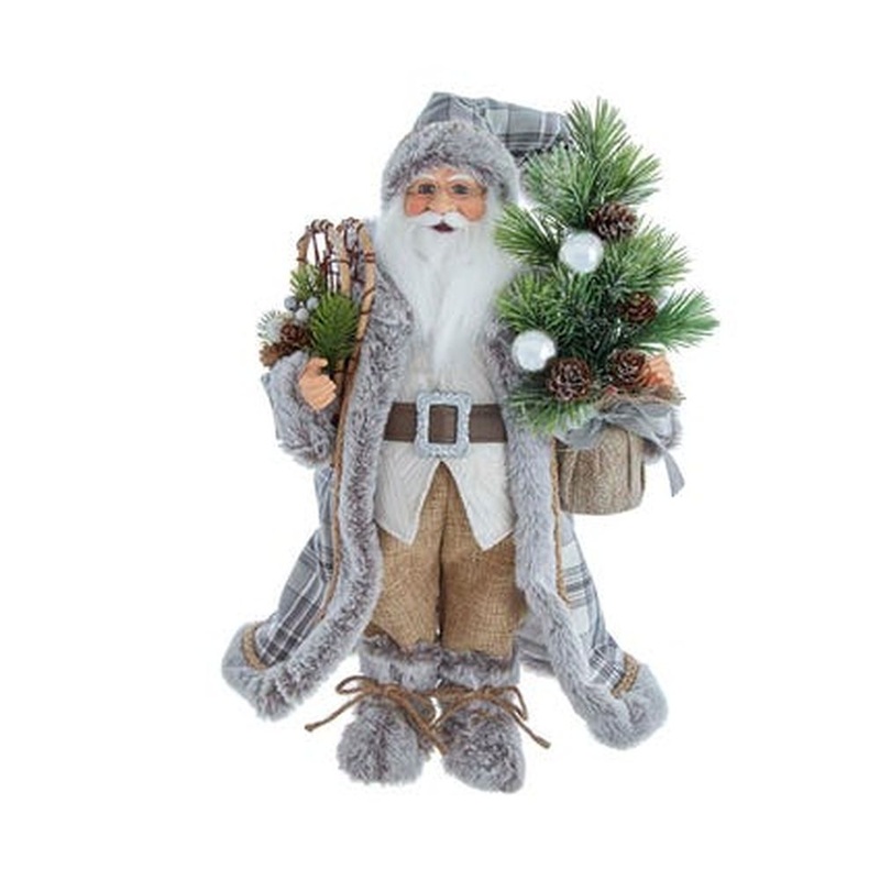 Kurt Adler 17 Natural Plaid Santa w/ Pinecone Spray & Potted Tree Figure, White