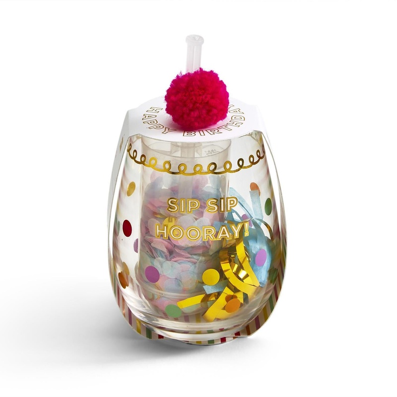 Two’s Company Happy Birthday Stemless Glass with Confetti Popper and Noise Maker
