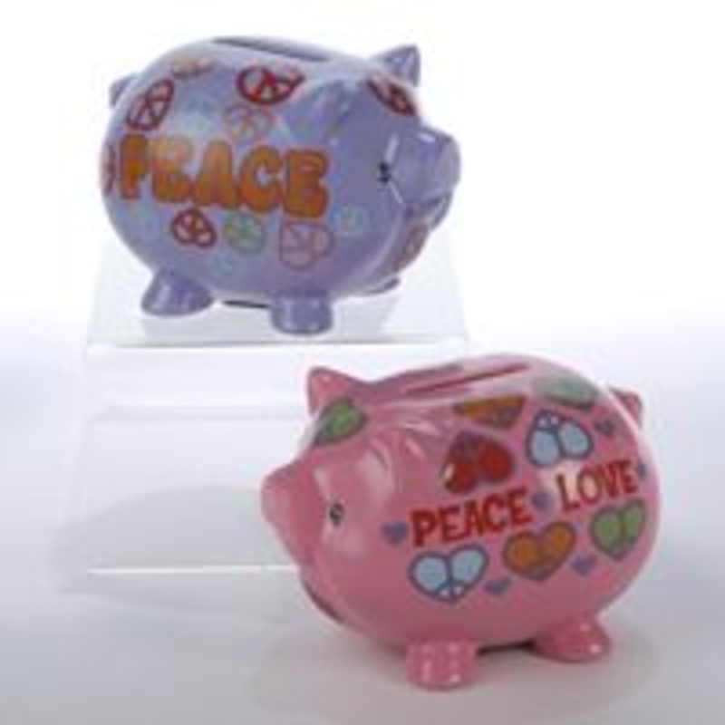 Kurt Adler Pink/Purple Peace Sign Piggy Bank, 2 Assorted