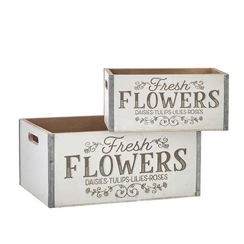 Raz Imports The Greenhouse 13.5 Fresh Flowers Laser Etched Crate, Set of 2