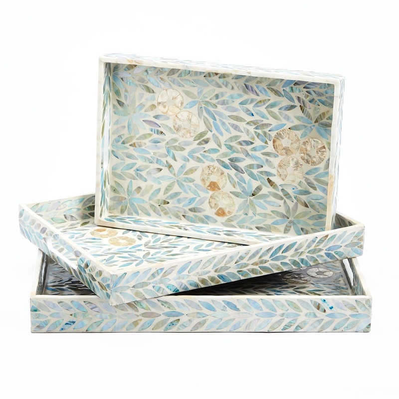 Two’s Company Palawan Flower Set of 3 Mother of Pearl Lacquered Trays