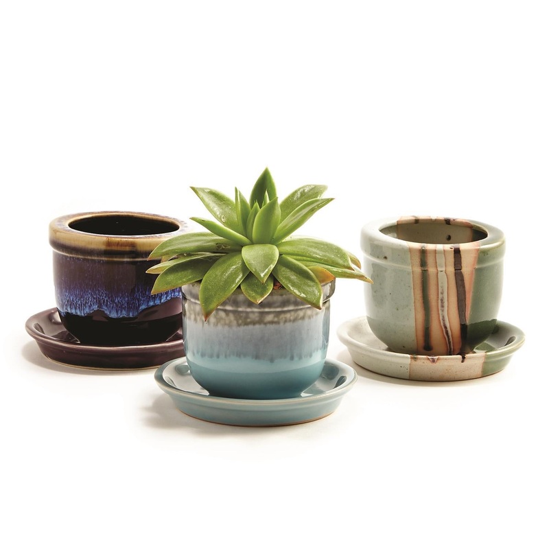Two’s Company Set of 3 Artisan Planter Pot with Saucer Assortment of 3 Colors