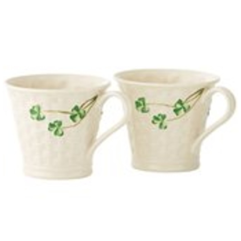 Belleek Shamrock Classic Basketweave Set Of Two Mugs, Porcelain
