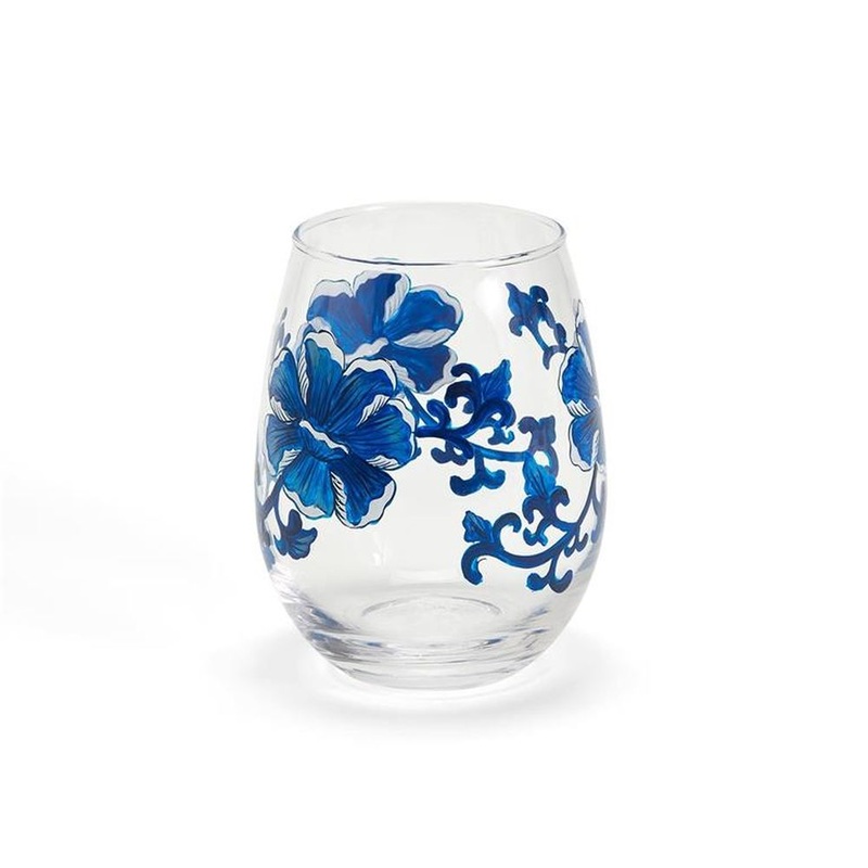 Two’s Company Blue and White Flower Set of 4 Hand-Painted Stemless Wine Glass