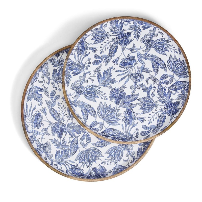 Two’s Company Blue Batik Set of 2 Hand-Crafted Wood Round Trays
