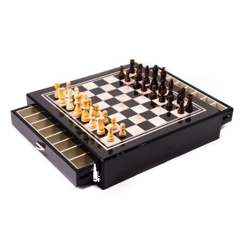 Carbon Fiber & Mother Of Pearl Chess Set With Drawers