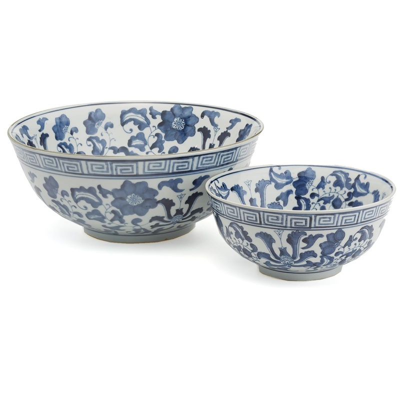 Two’s Company Blue and White Set of 2 Lotus Flower Lianzu Decorative Bowls
