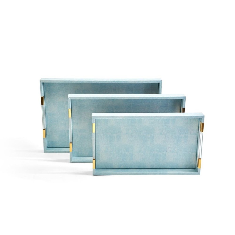 Two’s Company Tozai Aqua Set of 3 Decorative Rectangle Trays with Acrylic Handle