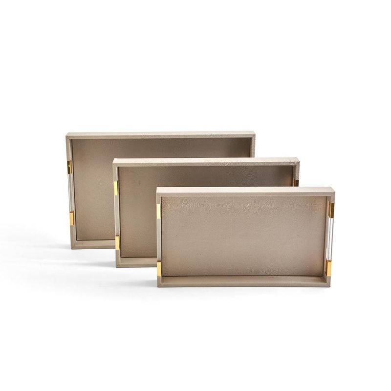 Two’s Company Tozai Taupe Set of 3 Decorative Rectangle Trays w/ Acrylic Handle
