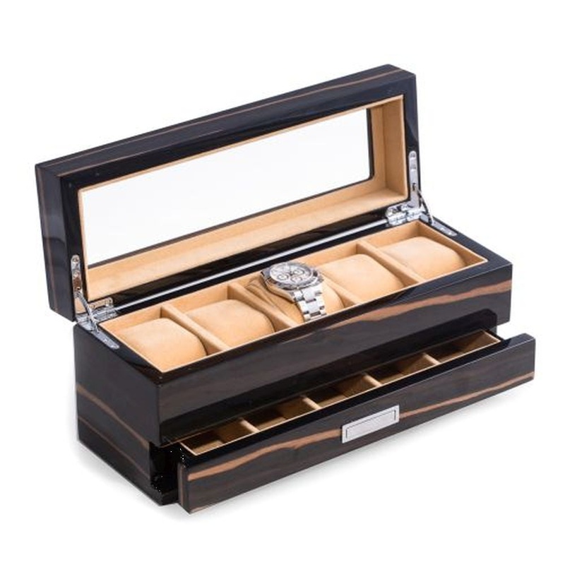 Bey Berk Lacquered Ebony Wood 5 Watch Box With Glass Top