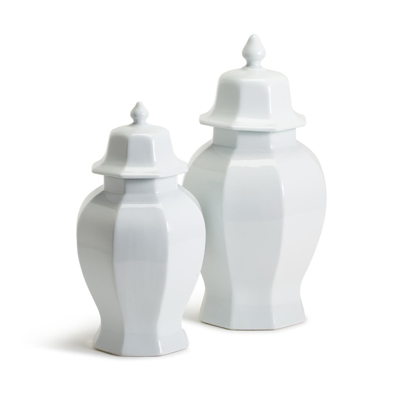 Two’s Company Conservatory Set of 2 White Hexagonal Temple Jars with Lid, 18.5