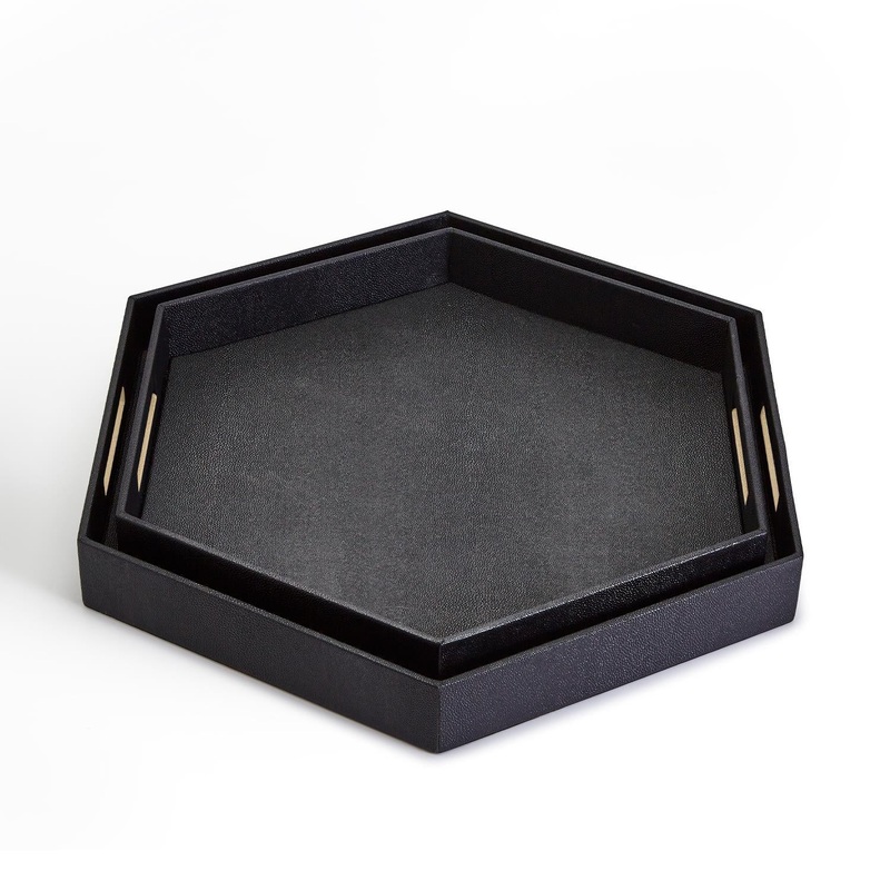 Two’s Company Black Hexagon Stingray Trays, Set of 2, 20×23