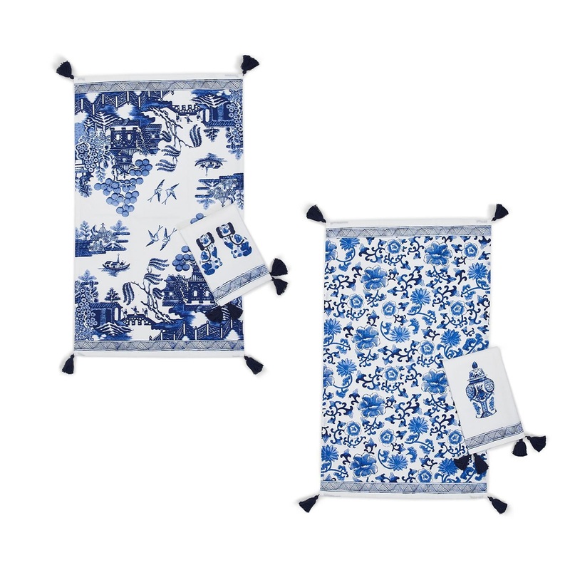 Two’s Company Chinoiserie Blue & White Set of 4 Dish Towels, Assorted 2 Styles