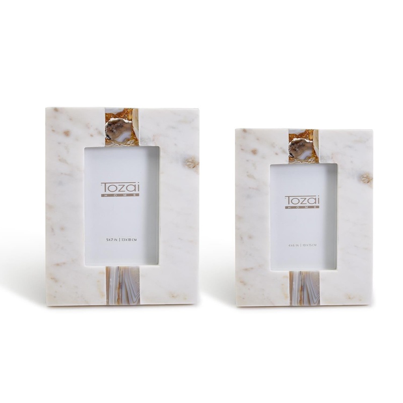 Two’s Company White Marble with Agate Inlay Frames Includes 2 Sizes, Set of 2