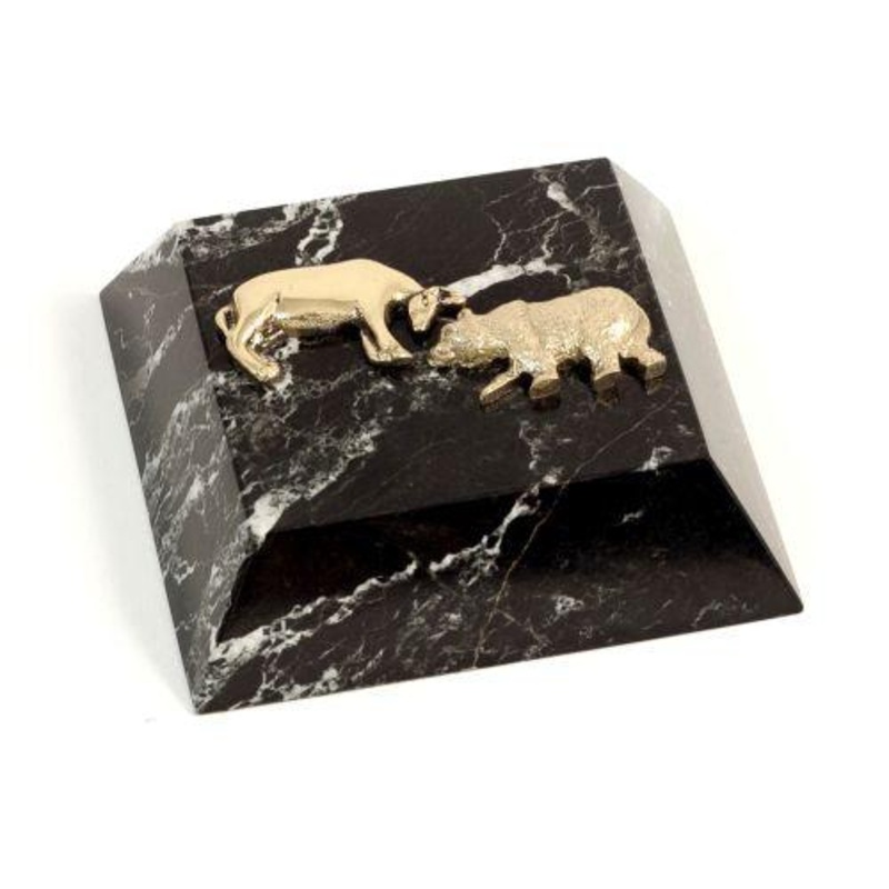 Black Zebra Marble Stock Market Paperweight, Gold Emblem