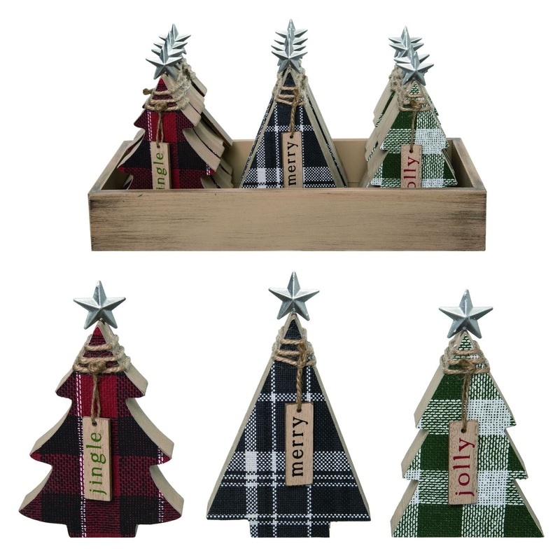 Transpac Mdf Plaid Christmas Trees In Crate Set Of 12