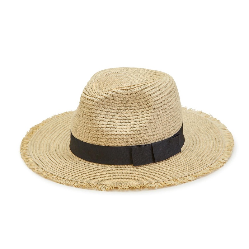 Two’s Company Frayed Straw Hat with Black Grosgrain Ribbon