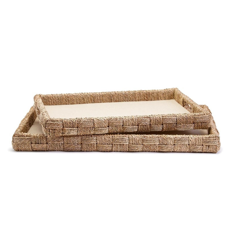 Set Of 2 Hand-Crafted Sea Grass And Rattan Oversized Decorative Square Trays