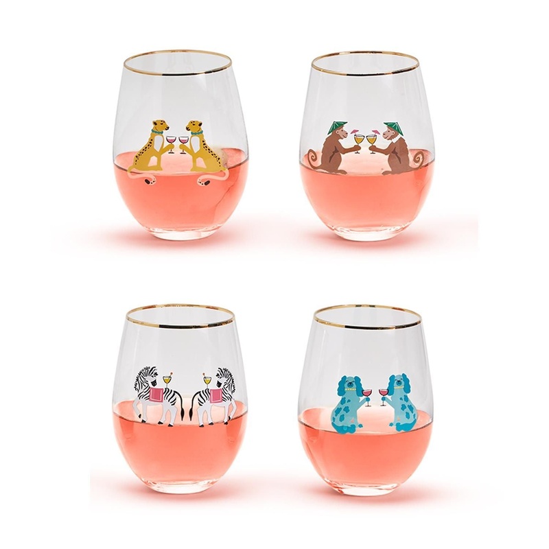 Two’s Company Animal Party Set Of 4 Stemless Wine Glasses
