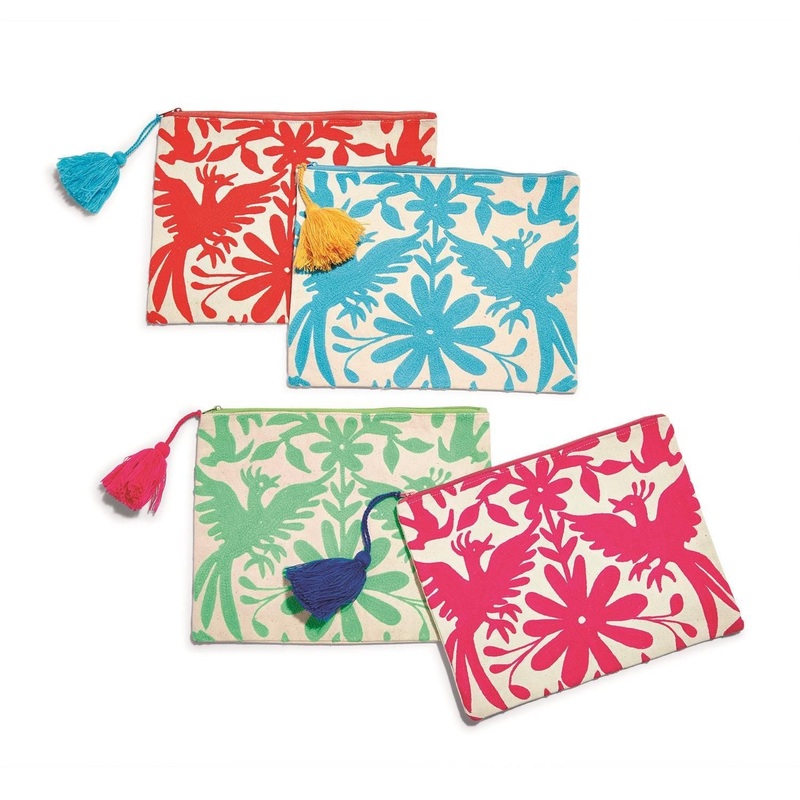 Two’s Company Flora & Fauna Embroidered Pouch Assorted 4 Colors