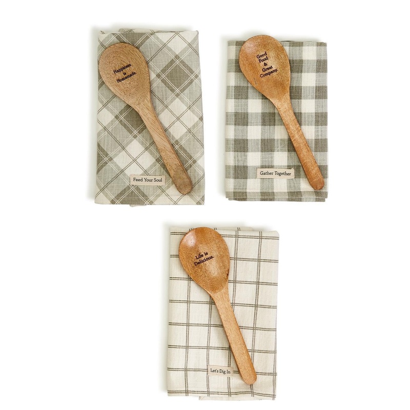 Two’s Company Happiness is Homemade Dish Towel/Wooden Spoon Set, Assortment of 3