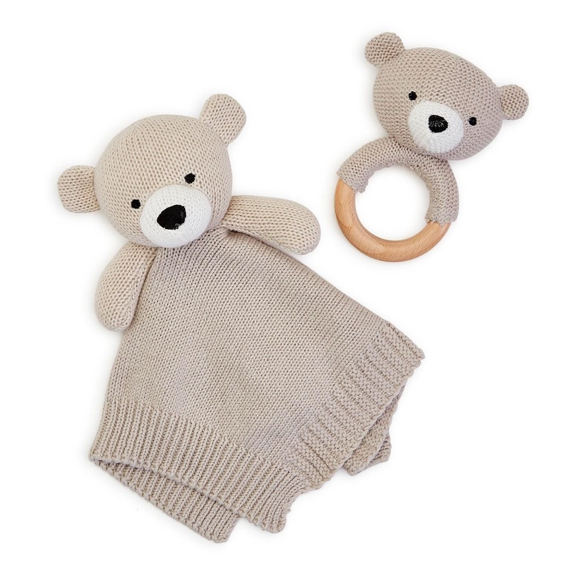 Two’s Company Knitted Baby Bear Snuggle And Rattle Set