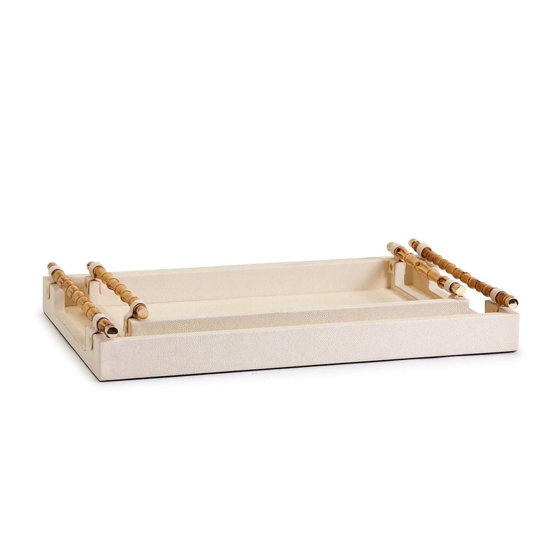 Two’s Company Set of 2 Cream Decorative Rectangle Trays W Bamboo Handles