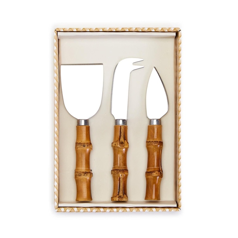 Two’s Company Set Of 3 Natural Bamboo Handle Cheese Knives In Gift Box.