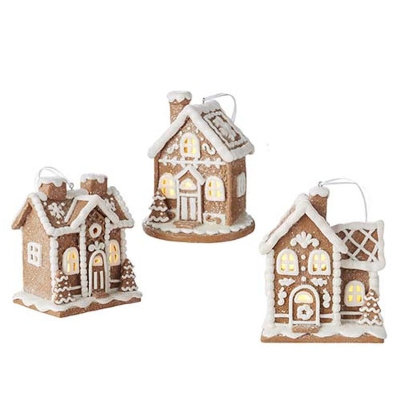 Raz 2022 Holiday In Provence 4 Lighted Gingerbread House Ornament, 3 Asst