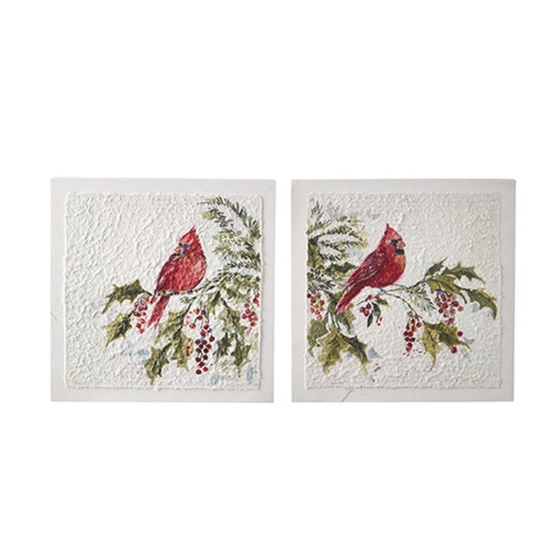 Raz Imports 2022 12 Cardinal On Holly Textured Paper On Wood Blocks, 2 Asst