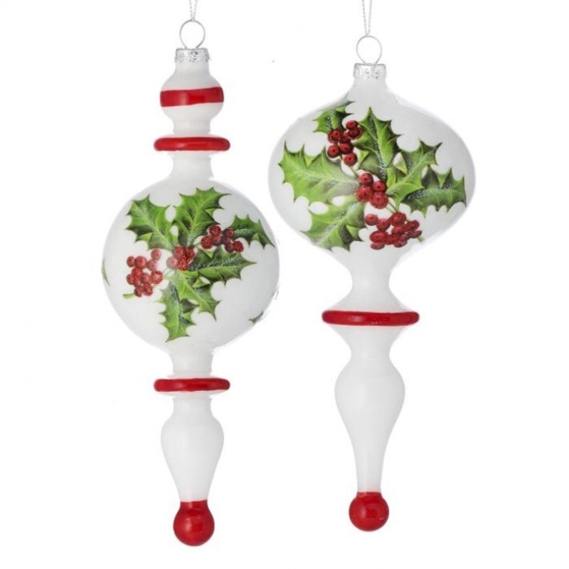 Regency 8.3Milk Glass Holly Jewel Finial Ornament Set of 2, Assortment