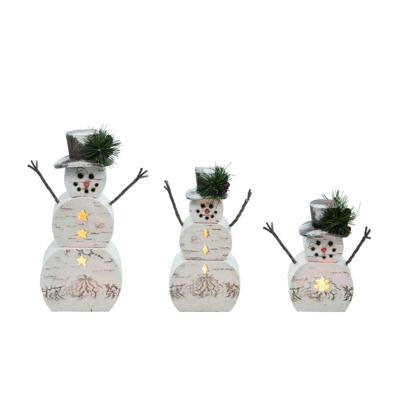 Transpac Resin Light Up Birch Snowman Figurine Set Of 3