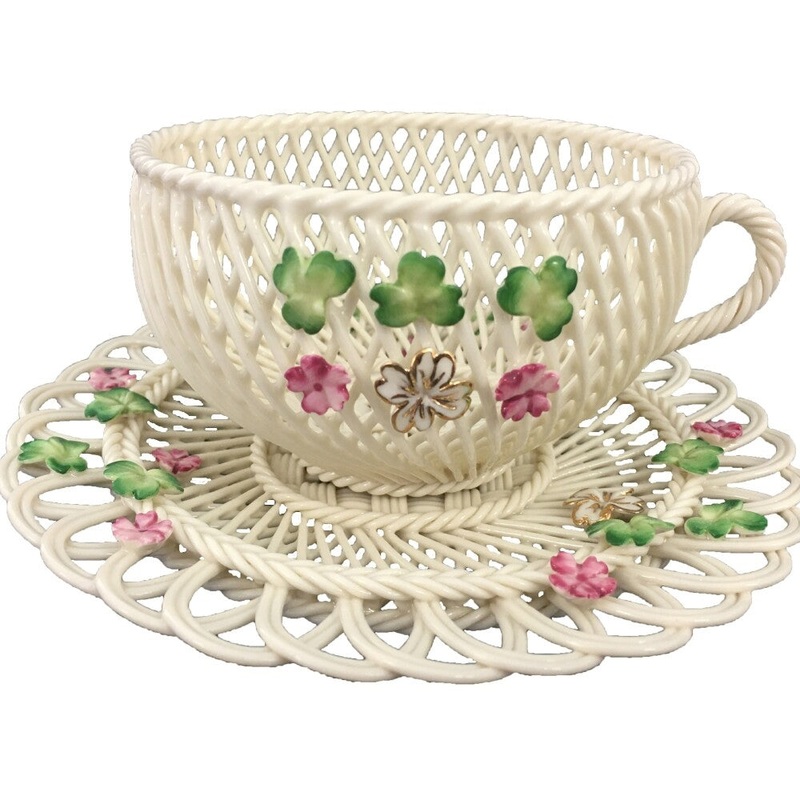 Belleek Spring Shamrock Cup & Saucer Basket
