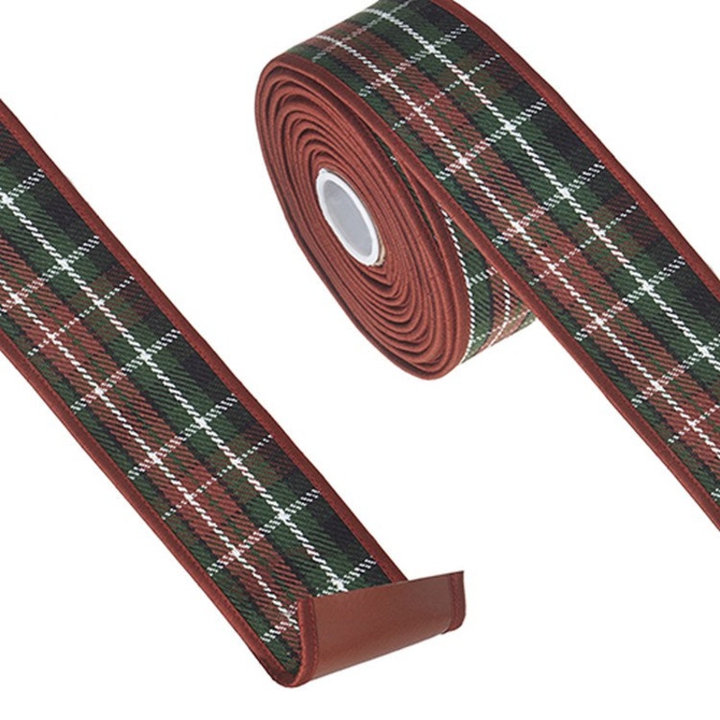 Raz Imports 2022 2.5 X 10 Yards Plaid With Faux Leather Wired Ribbon