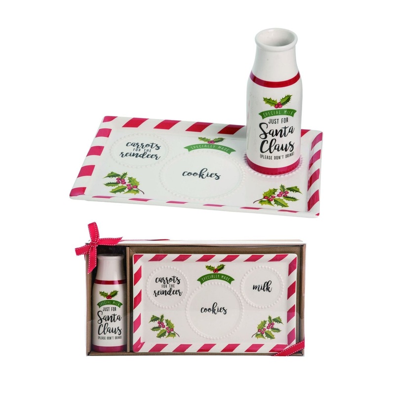 Transpac Dolomite Santa Bottle With Milk/Cookie/Carrot Plate In Box Set Of 2