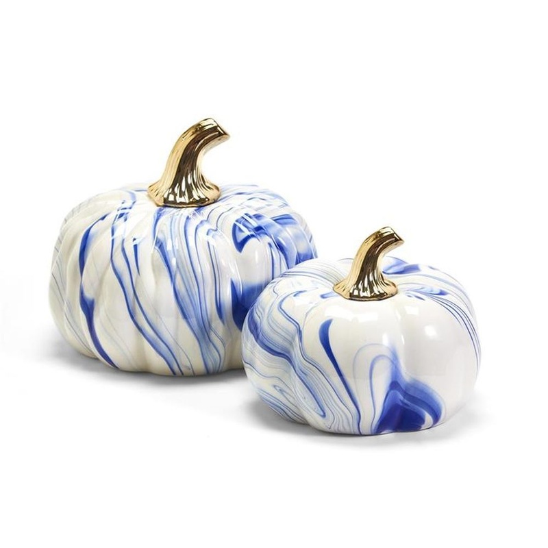 Two’s Company Marbled Set of 2 Blue and White Pumpkins with Gold Stem