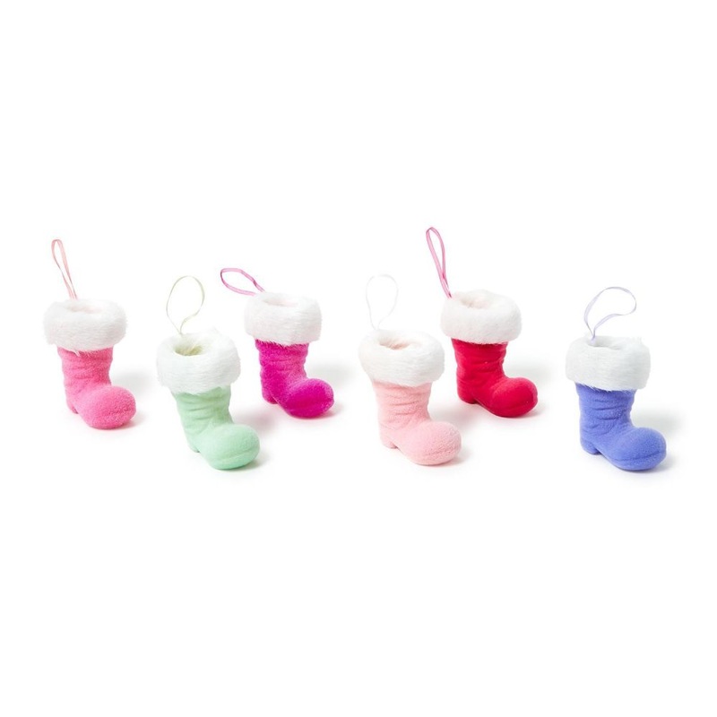 Two’s Company Flocked Santa Boot 42-Pieces Ornament with Basket Display In 6 Colors