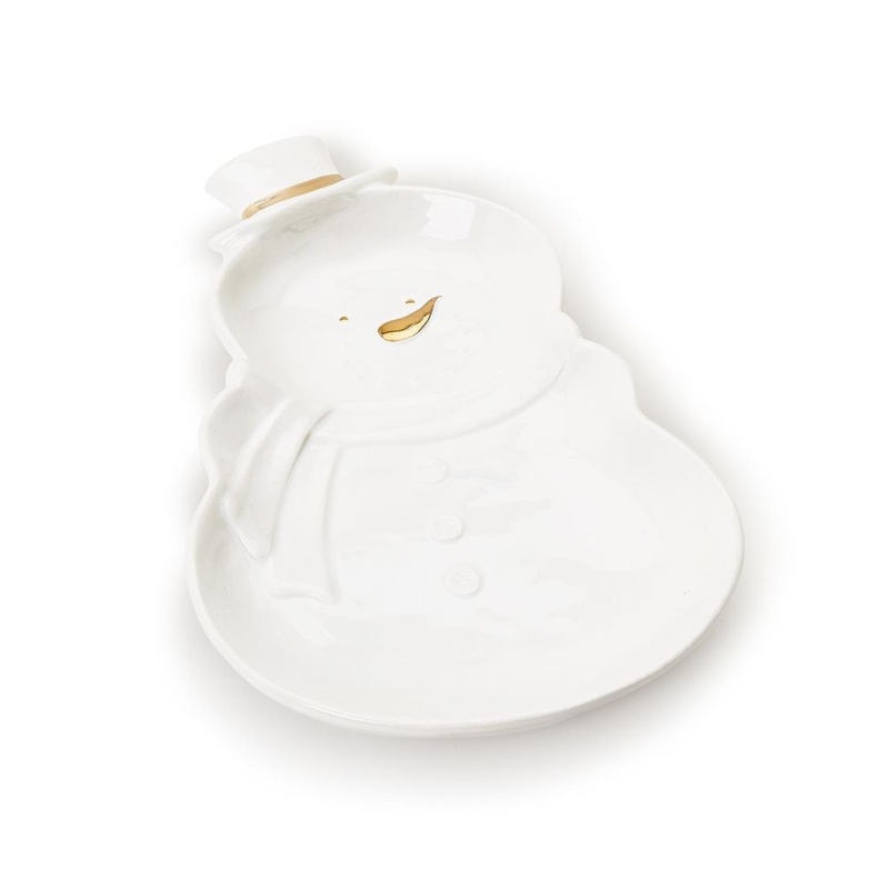 Two’s Company Snowman Serving Dish with Gold Hand-Painted Accents – Dolomite