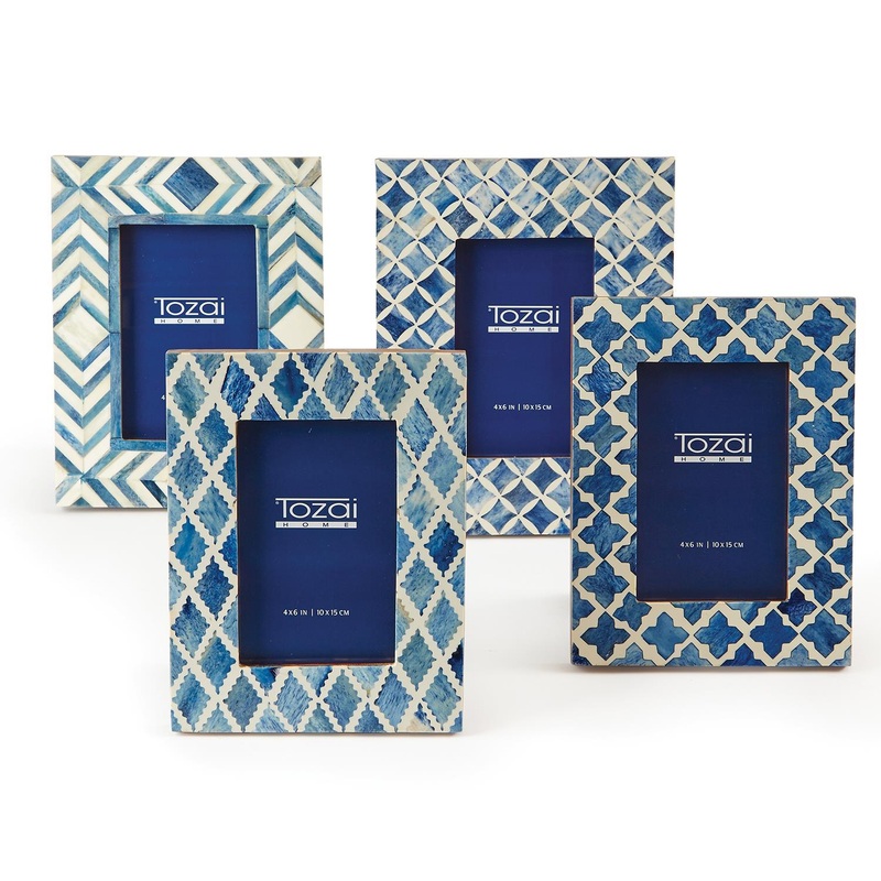 Blue & White Modern 4 X 6 Bone Mosaic Photo Frame Set of 4 with Asst Patterns