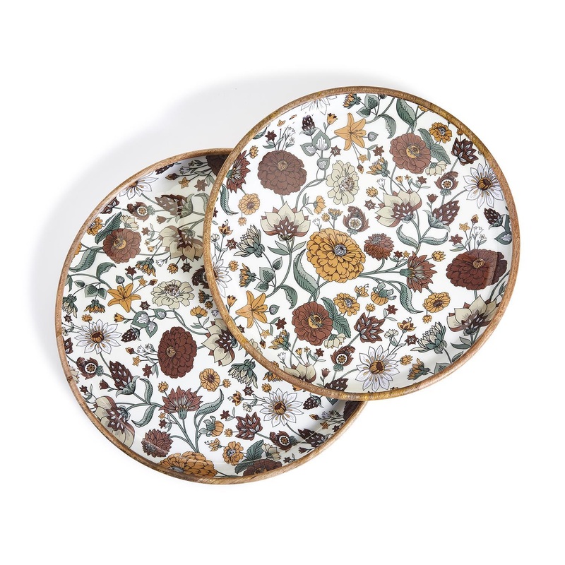 Two’s Company Naturally Floral Set of 2 Hand-Crafted Wood Round Trays