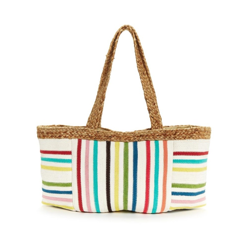 Two’s Company Powerful Stripes Multi Colored Stripes Woven Jute Tote Bag with Snap Closure and Lined Interior