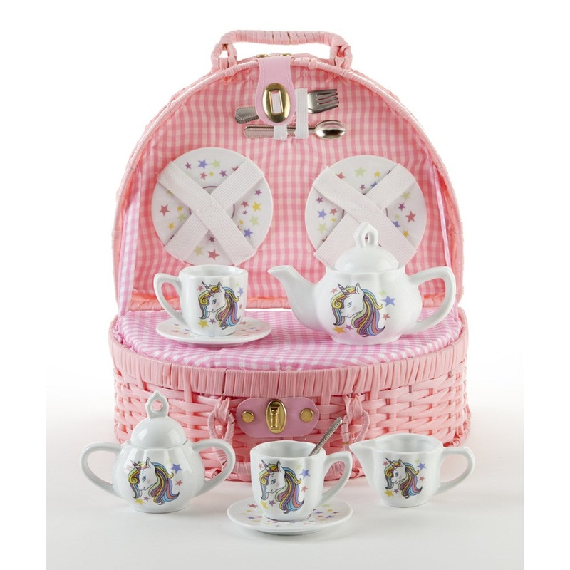 Delton Large Porcelain Tea Set/Basket, Unicorn, White