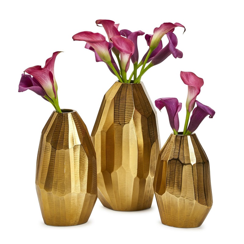 Two’s Company Golden Trapezoids Set Of 3 Hand Etched Vases – Recycled Aluminum
