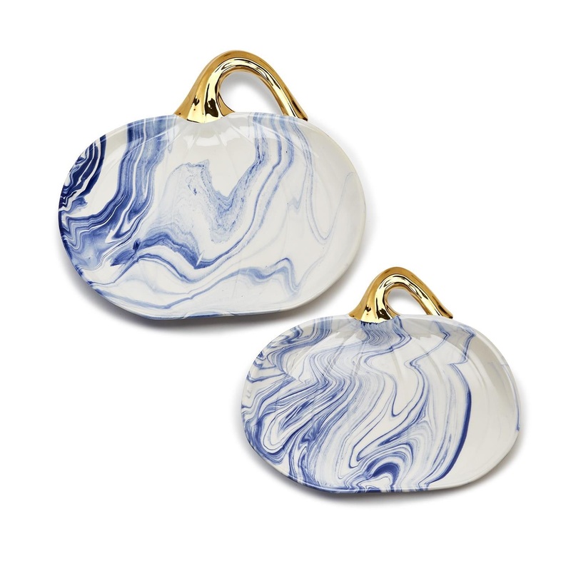Two’s Company Marbled Set of 2 Blue & White Pumpkin Platters Includes 2 Sizes