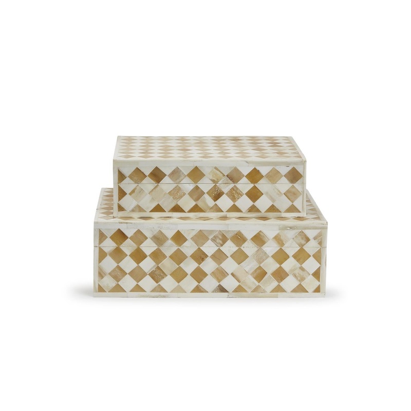 Two’s Company Set Of 2 Galerie Diamond Hinged Cover Box- Mdf/Mango Wood/Bone