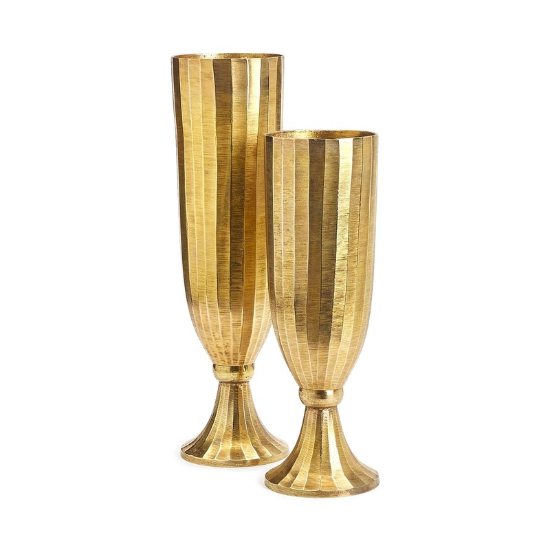 Two’s Company Set Of 2 Golden Hand Etched Pedestal Vases – Recycled Aluminum