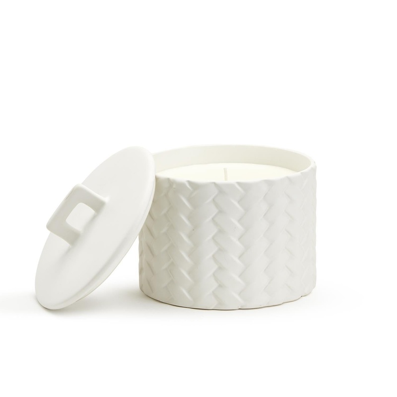 Two’s Company White Basketweave Filled Candle With Fig Scent