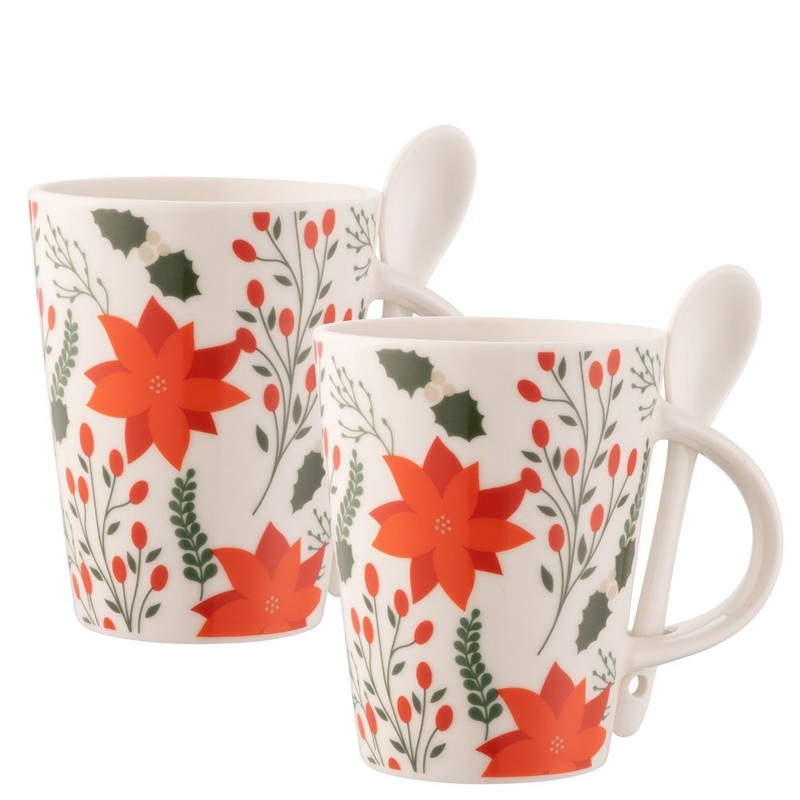 Aynsley Hot Chocolate Poinsettia Mugs & Spoons, Set of 2