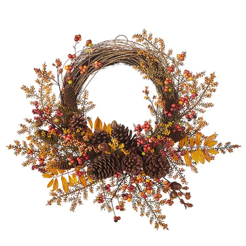 Raz Imports 2022 Autumn Abundance 26.75 Berry And Leaf With Pinecone Wreath
