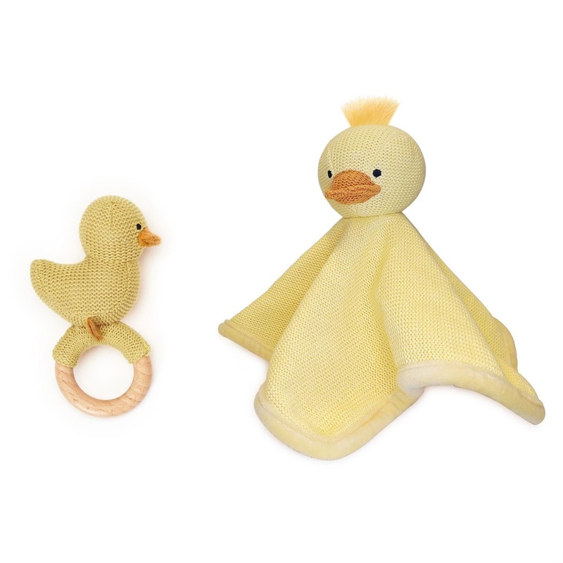 Two’s Company Feeling Duckie Knitted Snuggle and Rattle Set in Gift Box